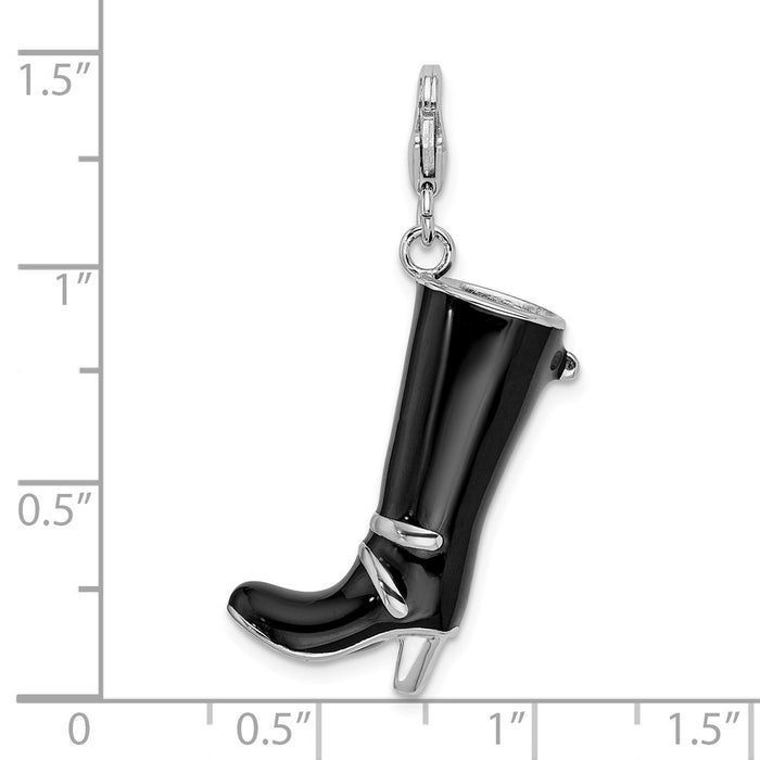 Million Charms 925 Sterling Silver With Rhodium-Plated 3-D Enameled Buckled Black Boot With Lobster Clasp Charm