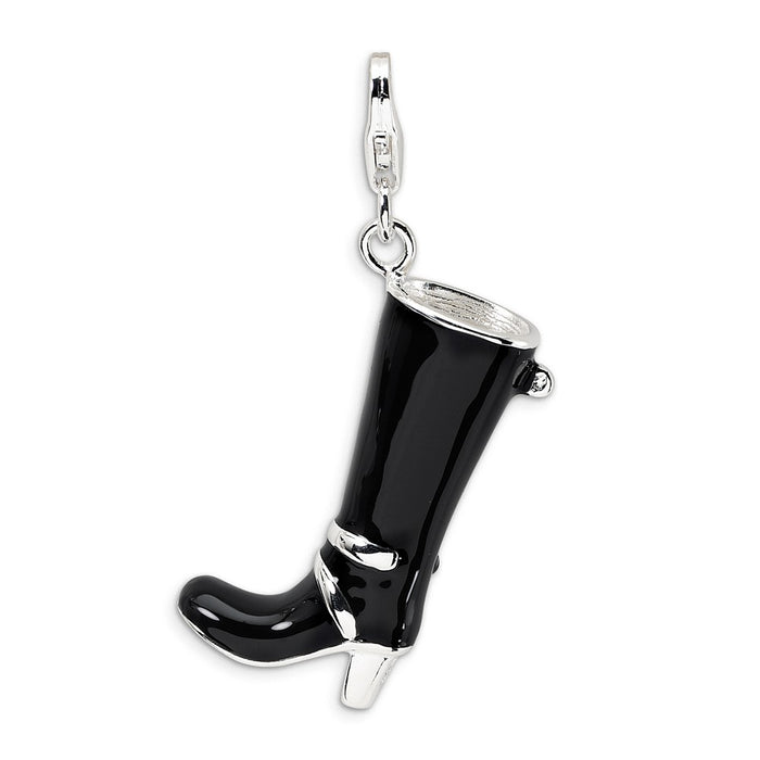 Million Charms 925 Sterling Silver With Rhodium-Plated 3-D Enameled Buckled Black Boot With Lobster Clasp Charm