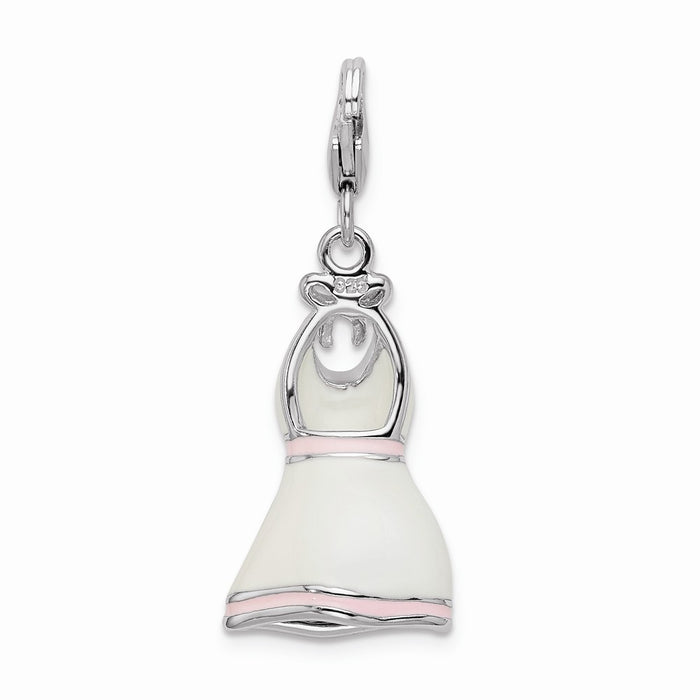 Million Charms 925 Sterling Silver With Rhodium-Plated Enamel White/Pink Trimmed Dress With Lobster Clasp Charm