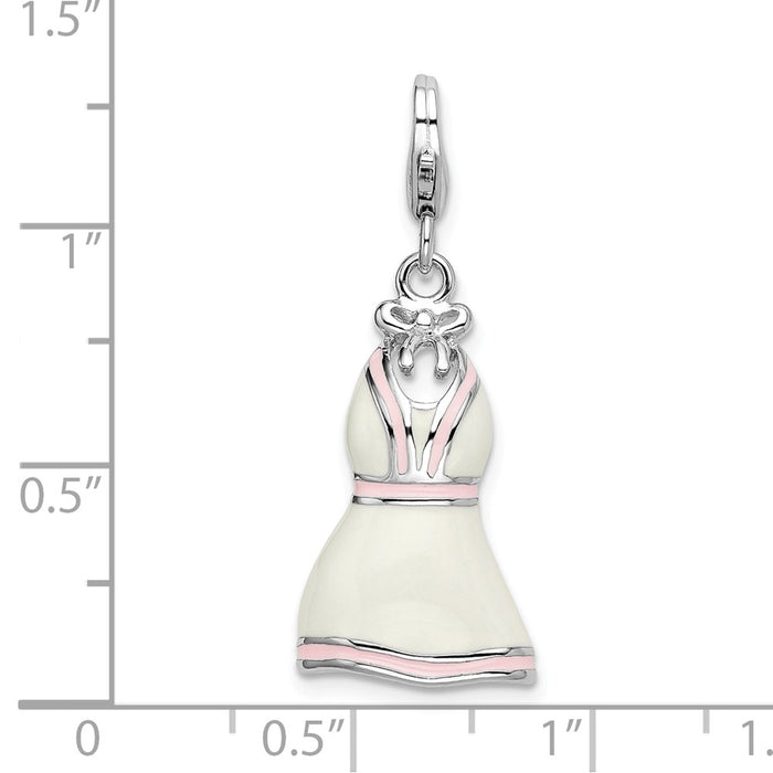 Million Charms 925 Sterling Silver With Rhodium-Plated Enamel White/Pink Trimmed Dress With Lobster Clasp Charm