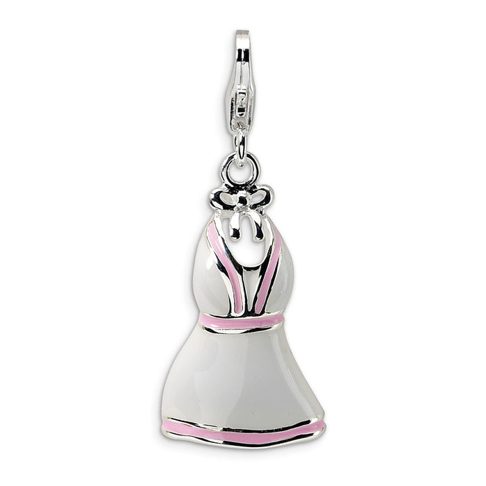 Million Charms 925 Sterling Silver With Rhodium-Plated Enamel White/Pink Trimmed Dress With Lobster Clasp Charm