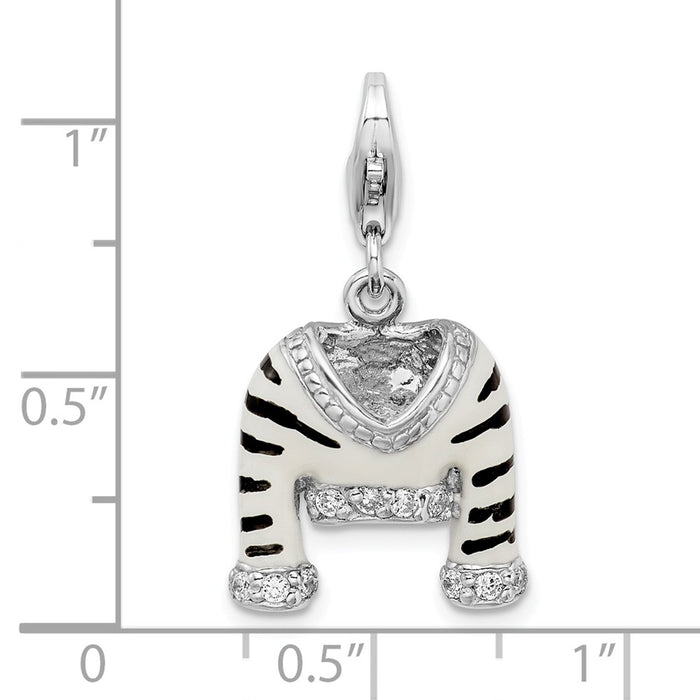 Million Charms 925 Sterling Silver With Rhodium-Plated (Cubic Zirconia) CZ Polished Enamel Zebra Jacket With Lobster Clasp Charm