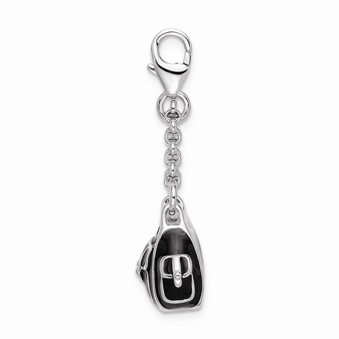 Million Charms 925 Sterling Silver Rhodium-Plated 3-D Enameled Black Handbag With Lobster Clasp Charm