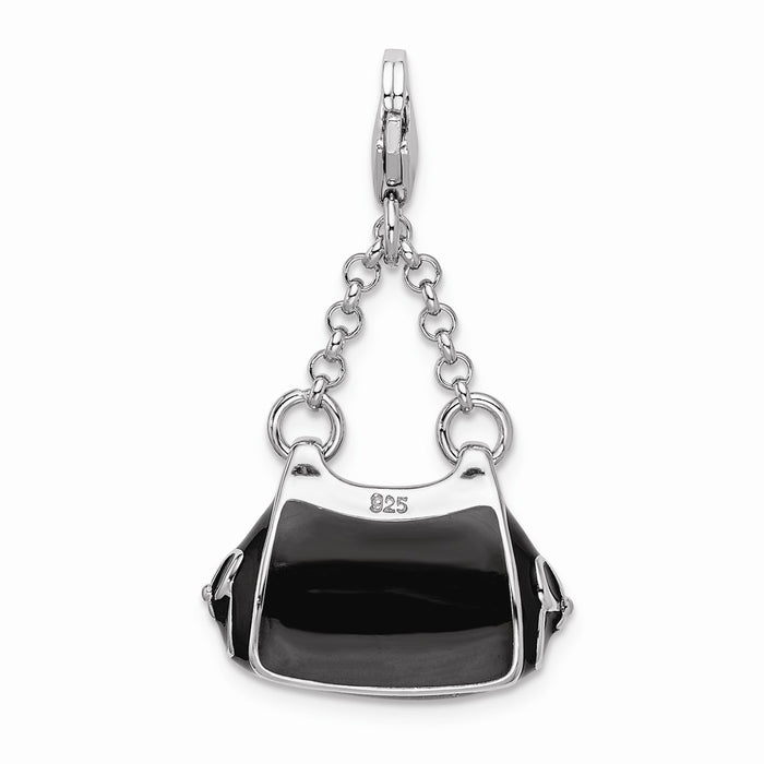 Million Charms 925 Sterling Silver Rhodium-Plated 3-D Enameled Black Handbag With Lobster Clasp Charm