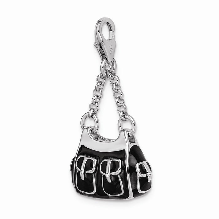 Million Charms 925 Sterling Silver Rhodium-Plated 3-D Enameled Black Handbag With Lobster Clasp Charm