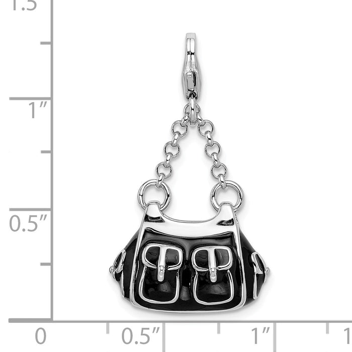 Million Charms 925 Sterling Silver Rhodium-Plated 3-D Enameled Black Handbag With Lobster Clasp Charm