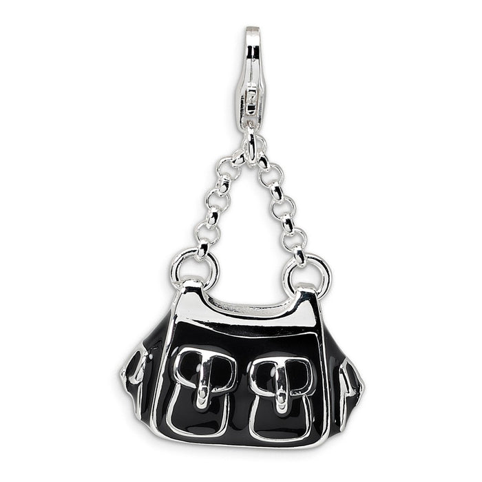 Million Charms 925 Sterling Silver Rhodium-Plated 3-D Enameled Black Handbag With Lobster Clasp Charm