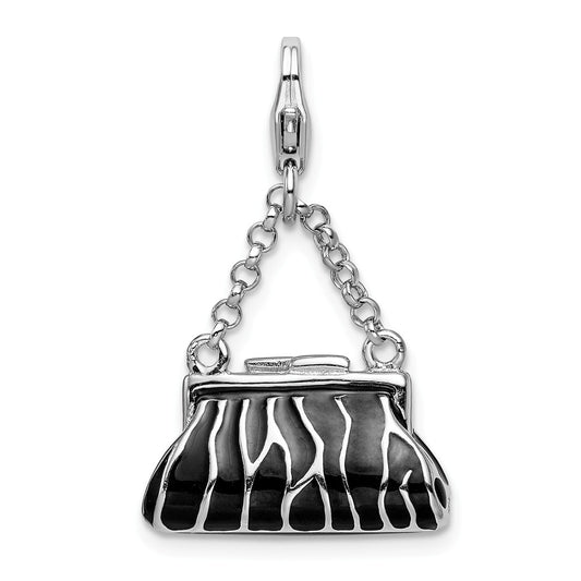 Million Charms 925 Sterling Silver With Rhodium-Plated 3-D Enameled Zebra Hand Bag With Lobster Clasp Charm