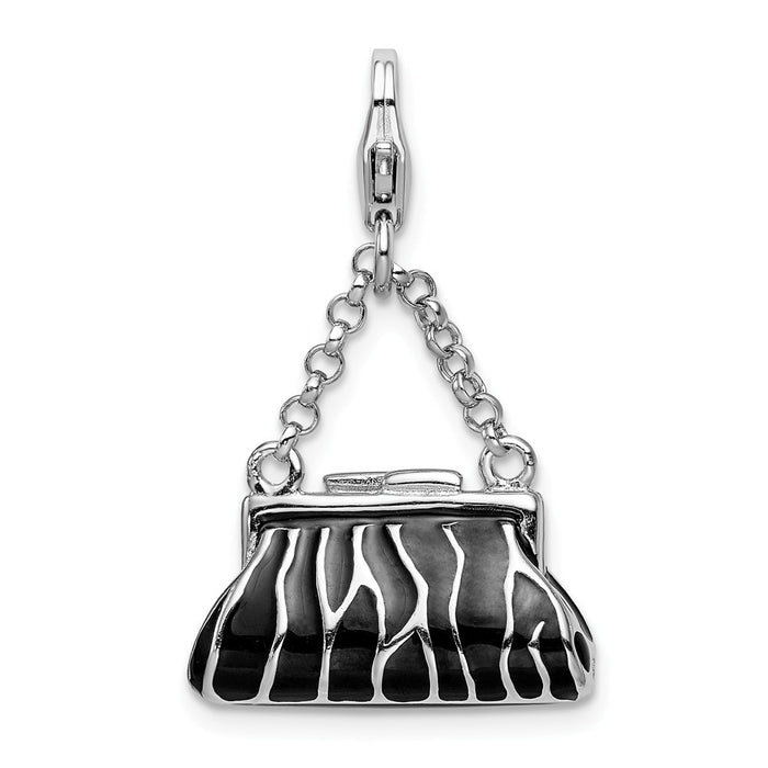 Million Charms 925 Sterling Silver With Rhodium-Plated 3-D Enameled Zebra Hand Bag With Lobster Clasp Charm