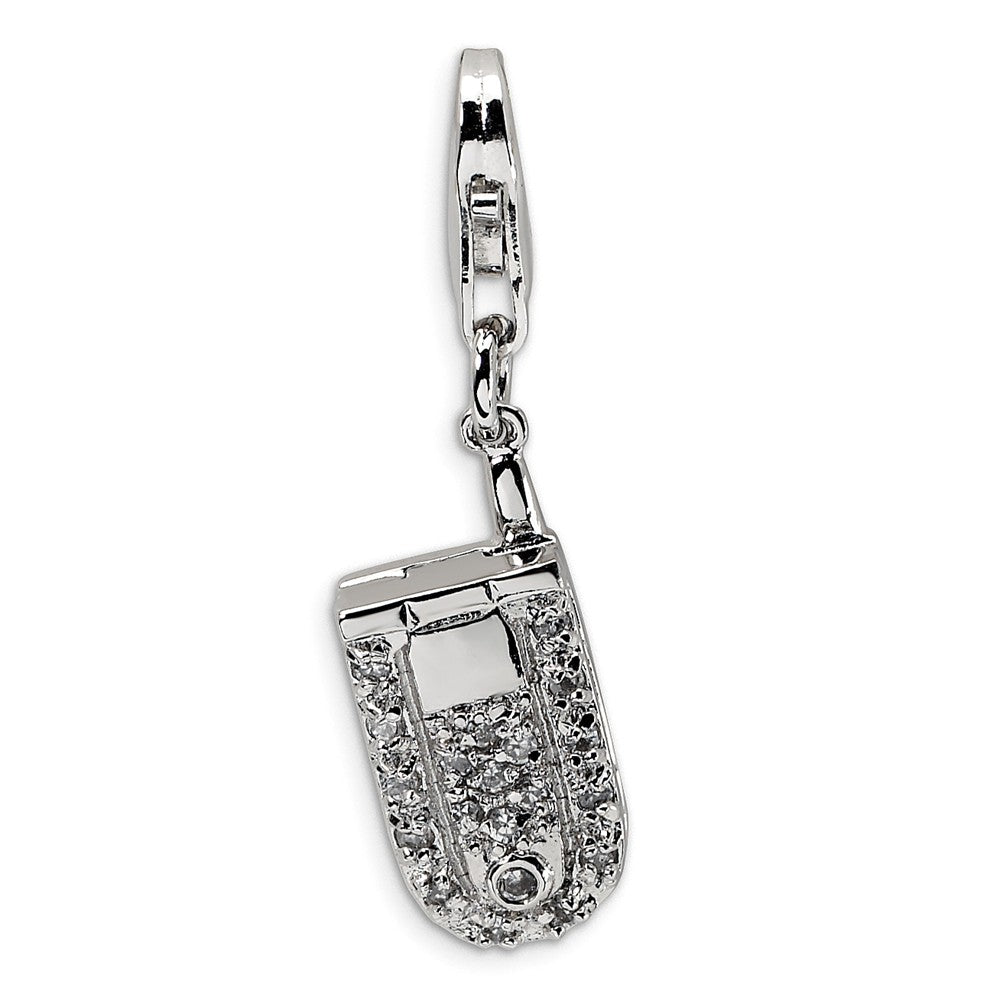 Million Charms 925 Sterling Silver Rhodium-Plated Flip Cell Phone (Cubic Zirconia) CZ With Lobster Clasp Charm