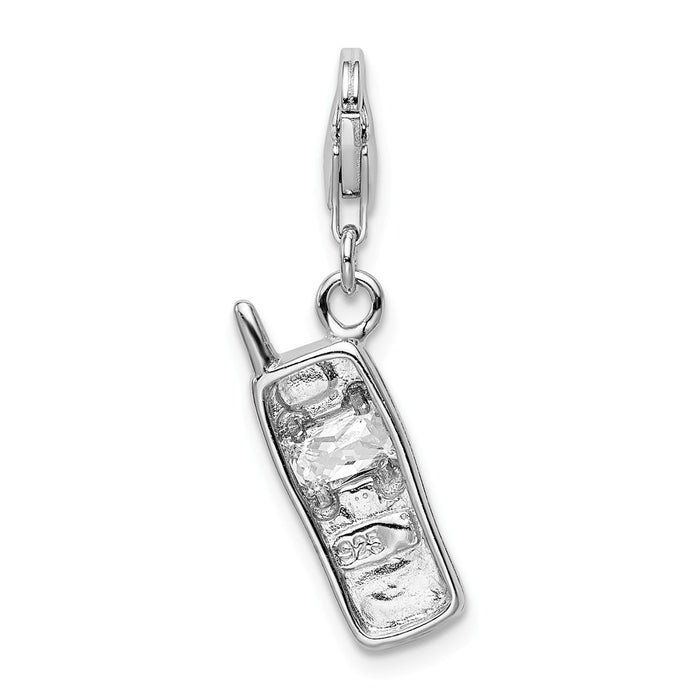 Million Charms 925 Sterling Silver Rhodium-Plated Polished Cell Phone With (Cubic Zirconia) CZ Lobster Clasp Charm