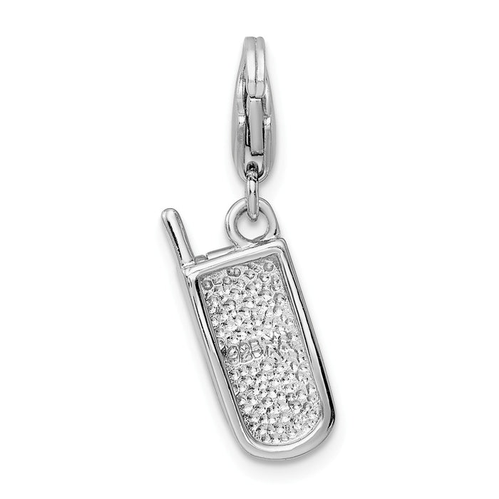 Million Charms 925 Sterling Silver With Rhodium-Plated Flower Enamel Movable Cell Phone With Lobster Clasp Charm
