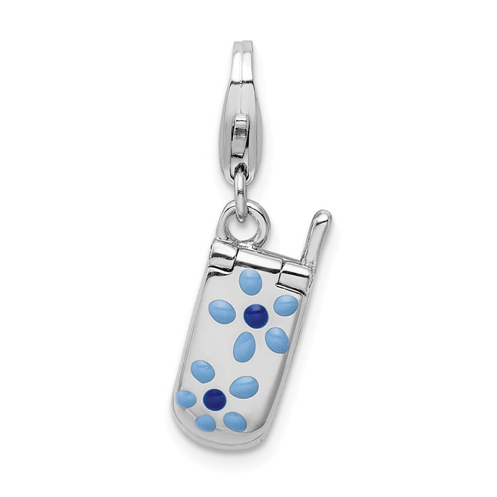 Million Charms 925 Sterling Silver With Rhodium-Plated Flower Enamel Movable Cell Phone With Lobster Clasp Charm