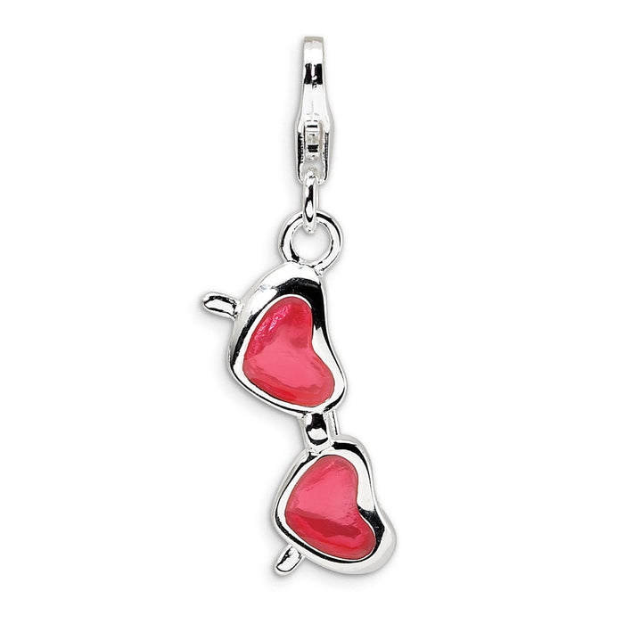 Million Charms 925 Sterling Silver With Rhodium-Plated Enameled Coral Heart Sunglasses With Lobster Clasp Charm