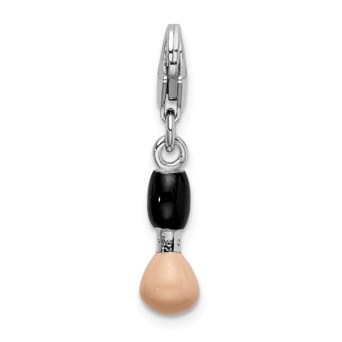 Million Charms 925 Sterling Silver With Rhodium-Plated Black & Pink Enamel Blush Brush With Lobster Clasp Charm