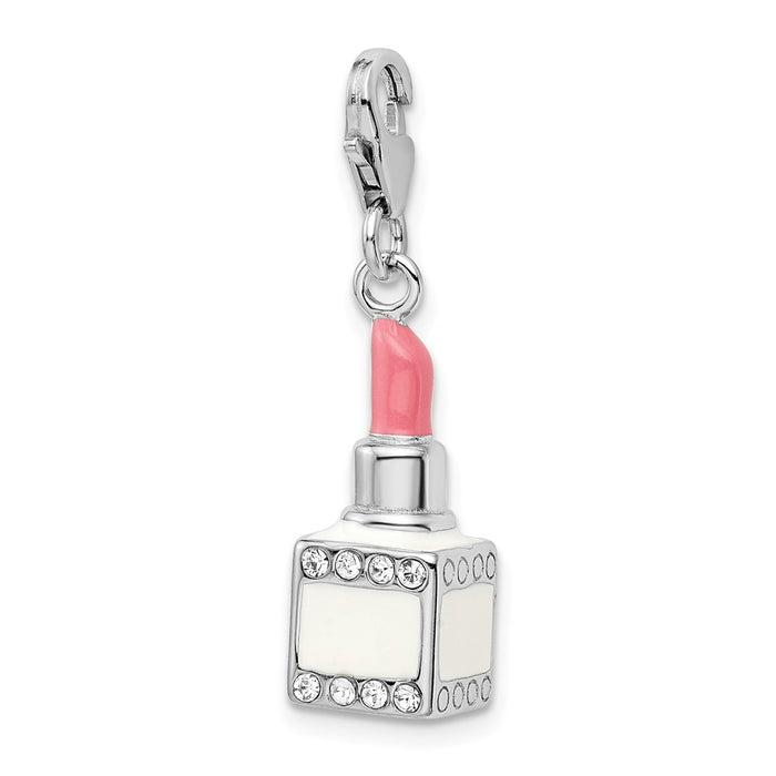 Million Charms 925 Sterling Silver With Rhodium-Plated Enamel Swarovski Crystals Pink Lipstick With Lobster Charm