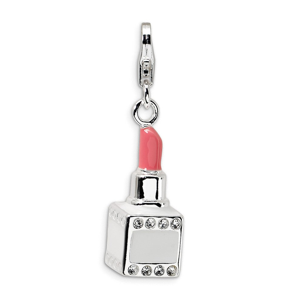 Million Charms 925 Sterling Silver With Rhodium-Plated Enamel Swarovski Crystals Pink Lipstick With Lobster Charm