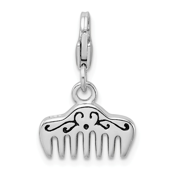 Million Charms 925 Sterling Silver With Rhodium-Plated Swarovski Crystals & Enamel Comb With Lobster Clasp Charm