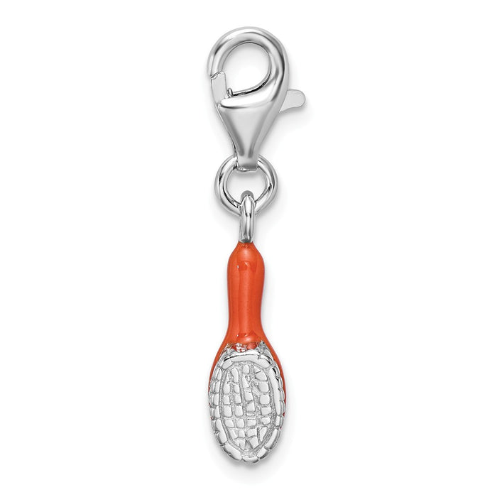 Million Charms 925 Sterling Silver With Rhodium-Plated Orange Enameled Hair Brush With Lobster Clasp Charm