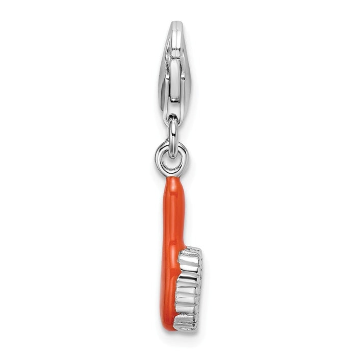 Million Charms 925 Sterling Silver With Rhodium-Plated Orange Enameled Hair Brush With Lobster Clasp Charm