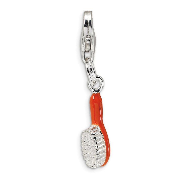 Million Charms 925 Sterling Silver With Rhodium-Plated Orange Enameled Hair Brush With Lobster Clasp Charm