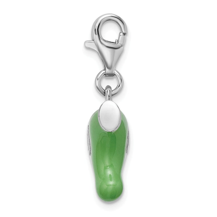 Million Charms 925 Sterling Silver Rhodium-Plated Green Enameled Hair Dryer With Lobster Clasp Charm