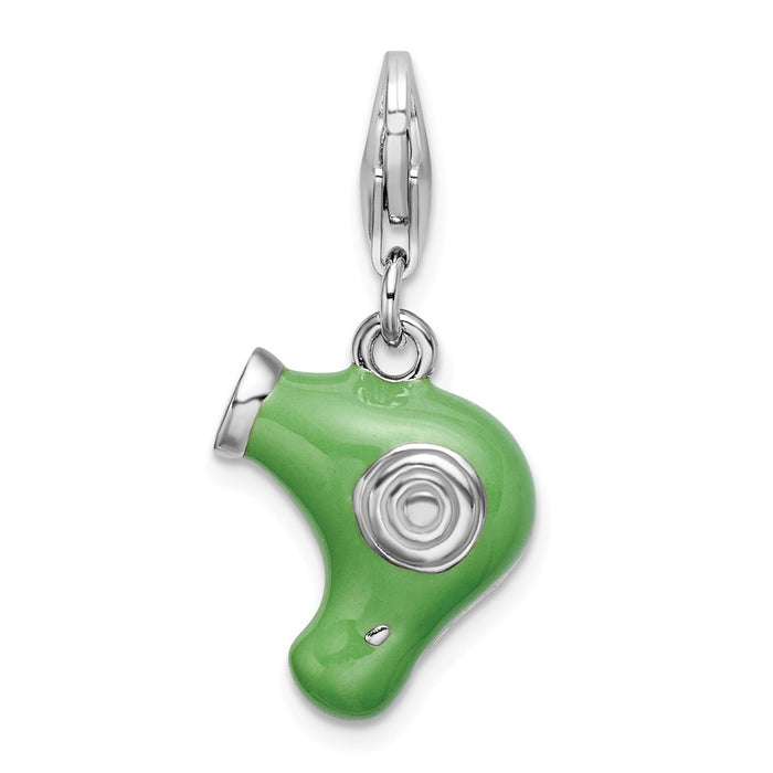 Million Charms 925 Sterling Silver Rhodium-Plated Green Enameled Hair Dryer With Lobster Clasp Charm
