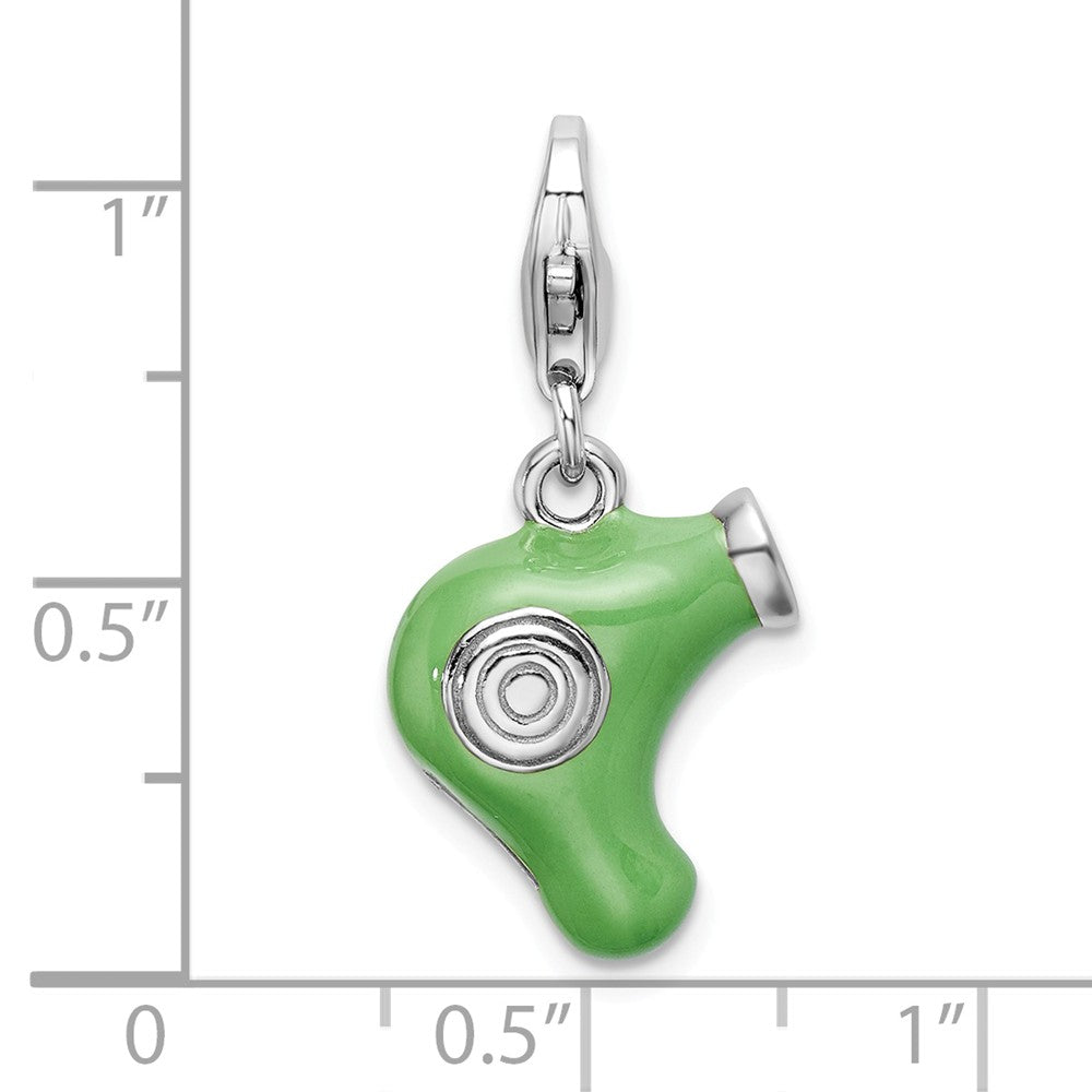 Million Charms 925 Sterling Silver Rhodium-Plated Green Enameled Hair Dryer With Lobster Clasp Charm