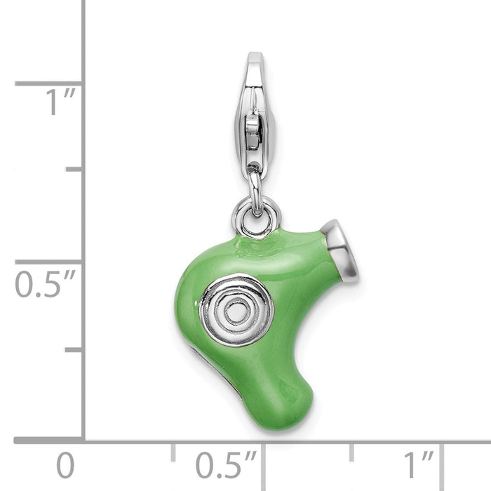 Million Charms 925 Sterling Silver Rhodium-Plated Green Enameled Hair Dryer With Lobster Clasp Charm