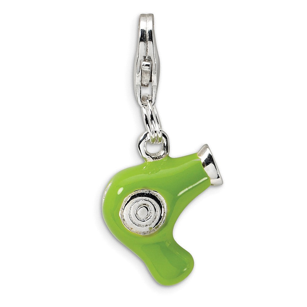 Million Charms 925 Sterling Silver Rhodium-Plated Green Enameled Hair Dryer With Lobster Clasp Charm