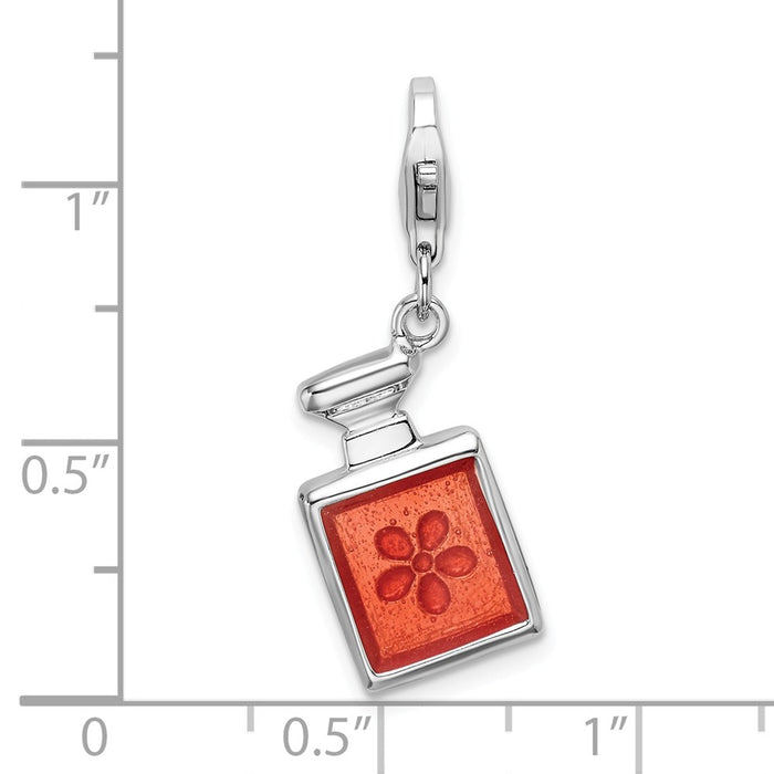 Million Charms 925 Sterling Silver With Rhodium-Plated 3-D Orange Enamel Perfume Bottle With Lobster Clasp Charm