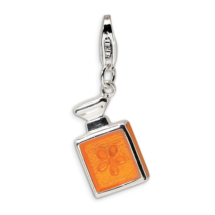 Million Charms 925 Sterling Silver With Rhodium-Plated 3-D Orange Enamel Perfume Bottle With Lobster Clasp Charm