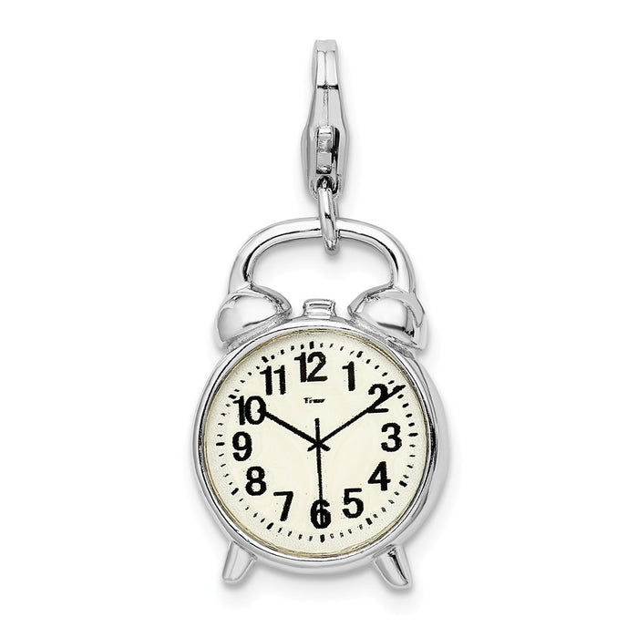 Million Charms 925 Sterling Silver Rhodium-Plated 3-D Alarm Clock With Lobster Clasp Charm