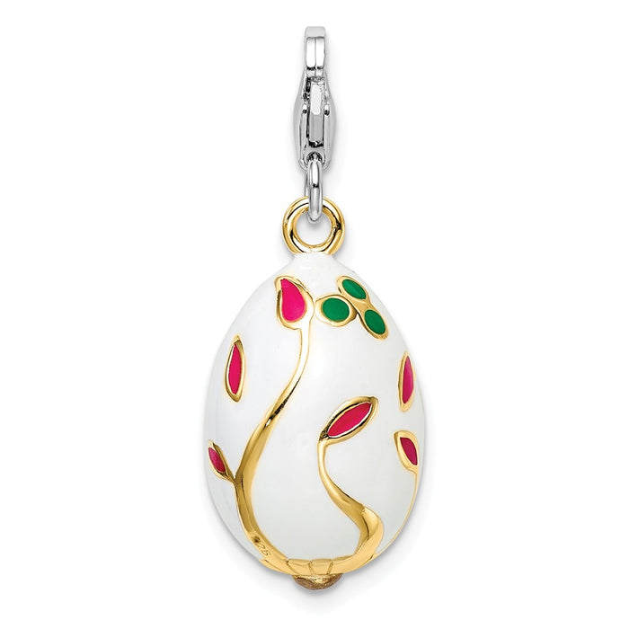 Million Charms 925 Sterling Silver 3-D Enameled Gold-Plated White Egg With Lobster Clasp Charm