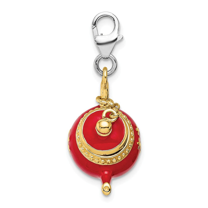 Million Charms 925 Sterling Silver Gold-Plated Red Enameled Tea Pot With Lobster Clasp Charm