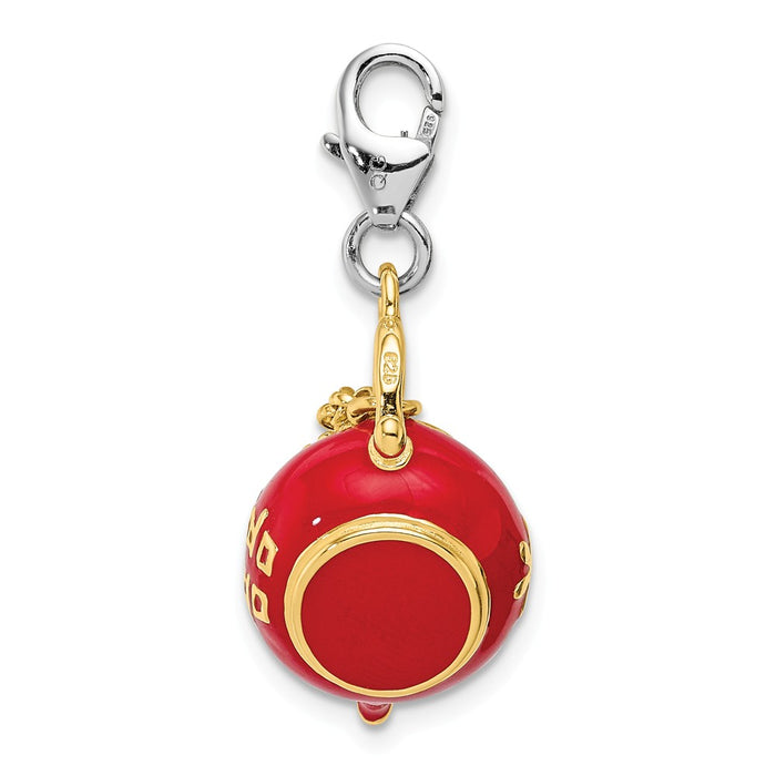 Million Charms 925 Sterling Silver Gold-Plated Red Enameled Tea Pot With Lobster Clasp Charm