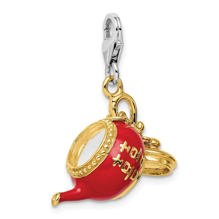 Million Charms 925 Sterling Silver Gold-Plated Red Enameled Tea Pot With Lobster Clasp Charm