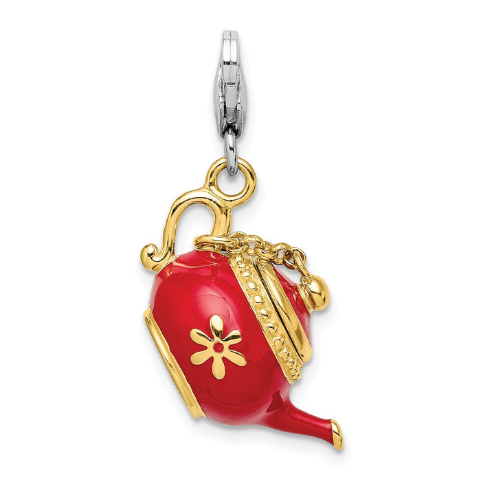 Million Charms 925 Sterling Silver Gold-Plated Red Enameled Tea Pot With Lobster Clasp Charm