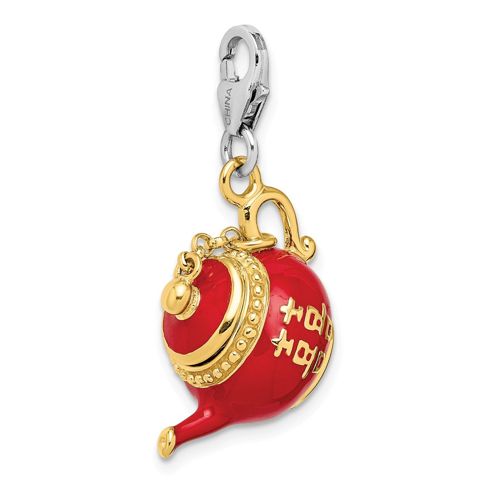 Million Charms 925 Sterling Silver Gold-Plated Red Enameled Tea Pot With Lobster Clasp Charm