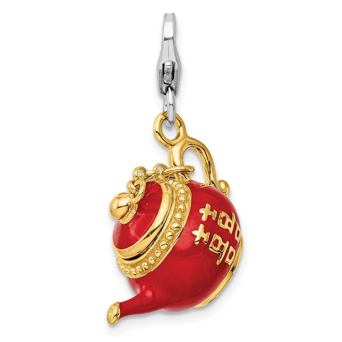 Million Charms 925 Sterling Silver Gold-Plated Red Enameled Tea Pot With Lobster Clasp Charm