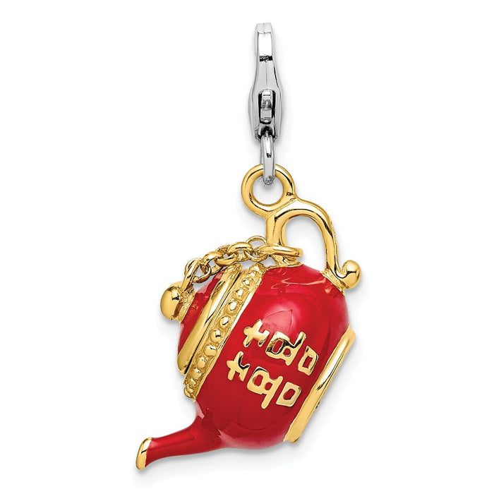Million Charms 925 Sterling Silver Gold-Plated Red Enameled Tea Pot With Lobster Clasp Charm