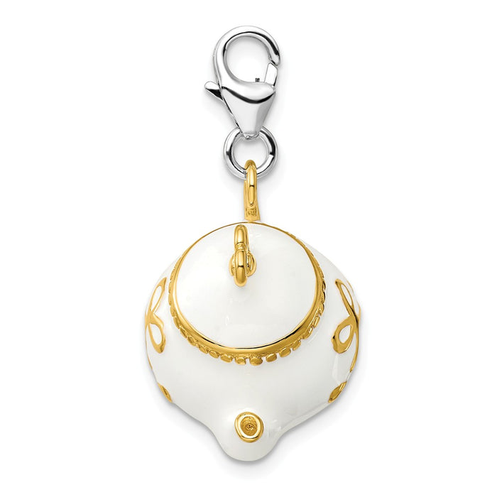 Million Charms 925 Sterling Silver Gold-Plated Whiteenameled Tea Pot With Lobster Clasp Charm