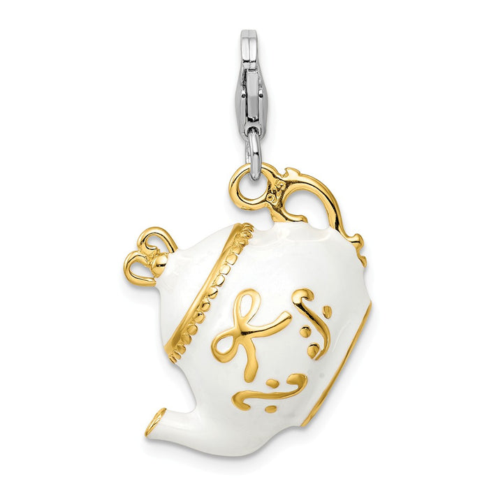 Million Charms 925 Sterling Silver Gold-Plated Whiteenameled Tea Pot With Lobster Clasp Charm