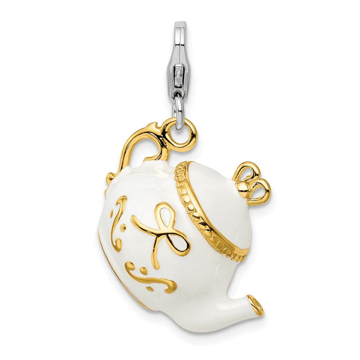 Million Charms 925 Sterling Silver Gold-Plated Whiteenameled Tea Pot With Lobster Clasp Charm