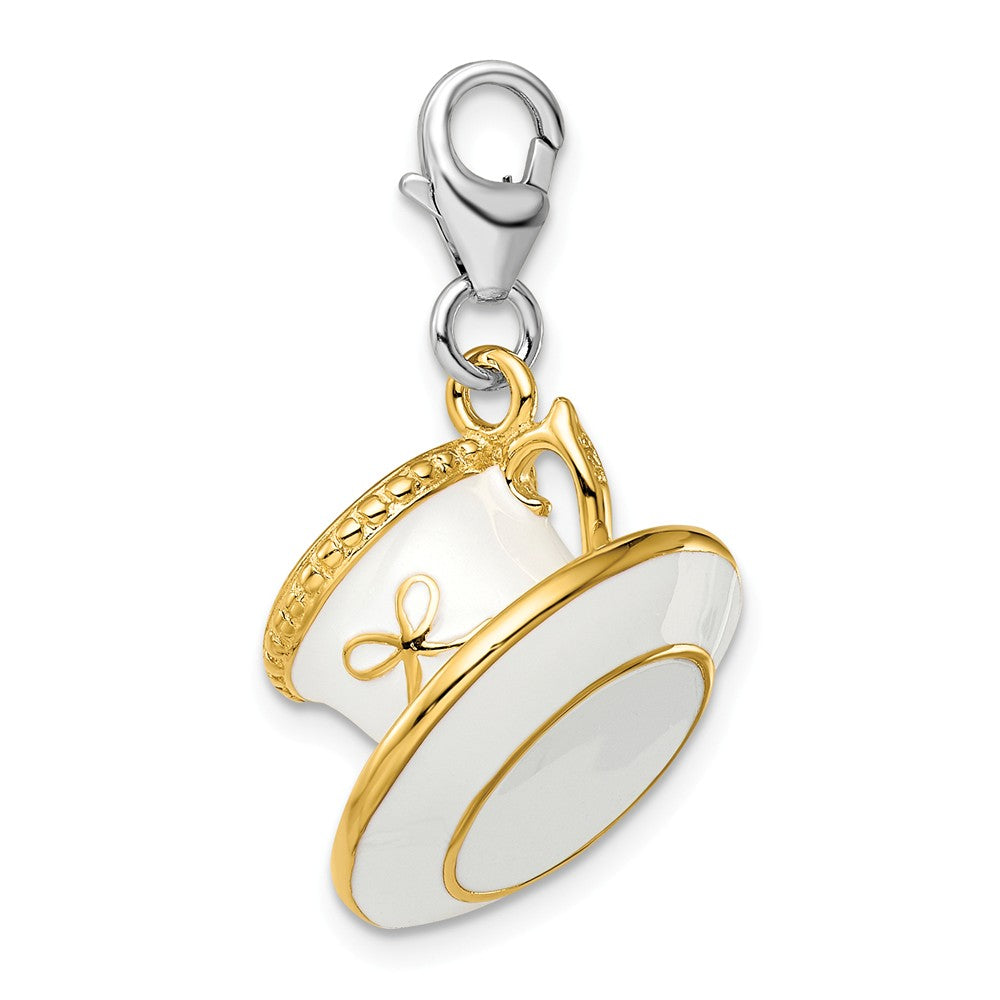 Million Charms 925 Sterling Silver Gld-Pltd White Enamel Cup/Saucer With Lobster Charm