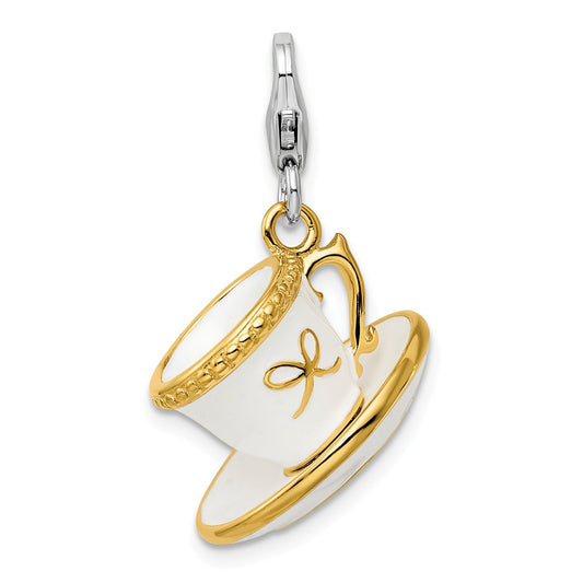 Million Charms 925 Sterling Silver Gld-Pltd White Enamel Cup/Saucer With Lobster Charm