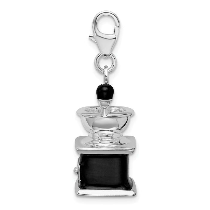 Million Charms 925 Sterling Silver With Rhodium-Plated 3-D Enameled Black Coffee Grinder With Lobster Clasp Charm