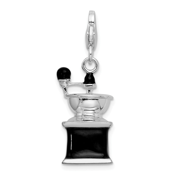 Million Charms 925 Sterling Silver With Rhodium-Plated 3-D Enameled Black Coffee Grinder With Lobster Clasp Charm