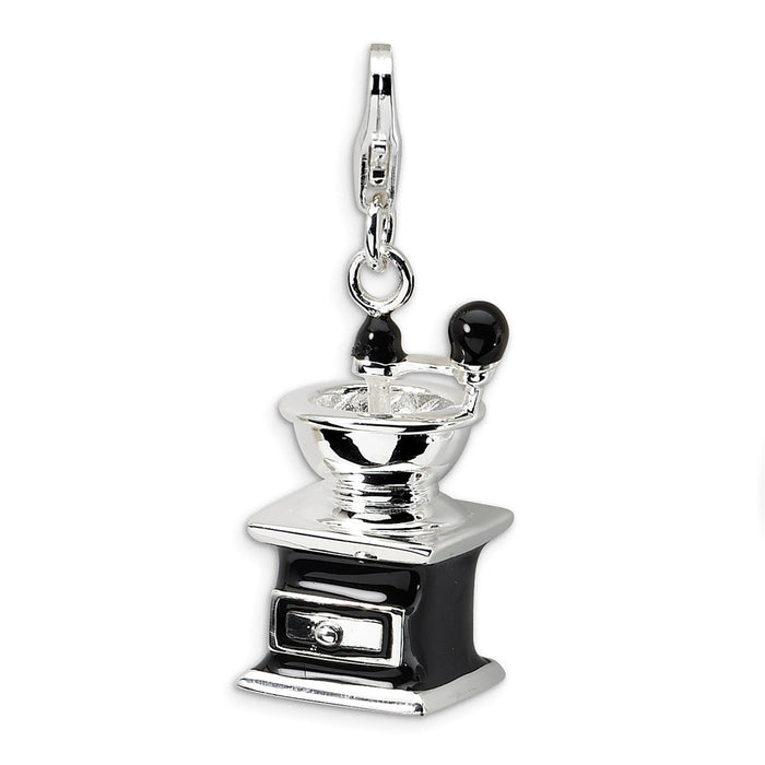 Million Charms 925 Sterling Silver With Rhodium-Plated 3-D Enameled Black Coffee Grinder With Lobster Clasp Charm