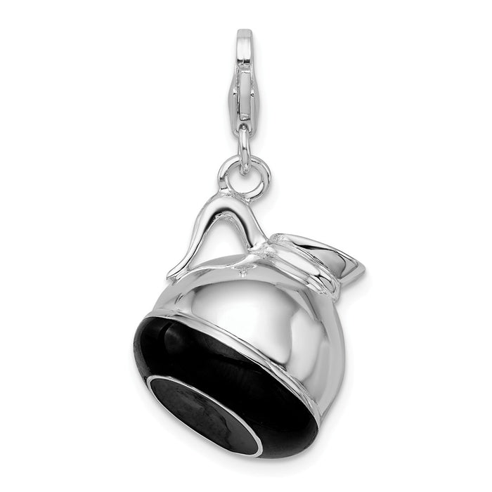 Million Charms 925 Sterling Silver With Rhodium-Plated 3-D Enameled Coffee Pot With Lobster Clasp Charm